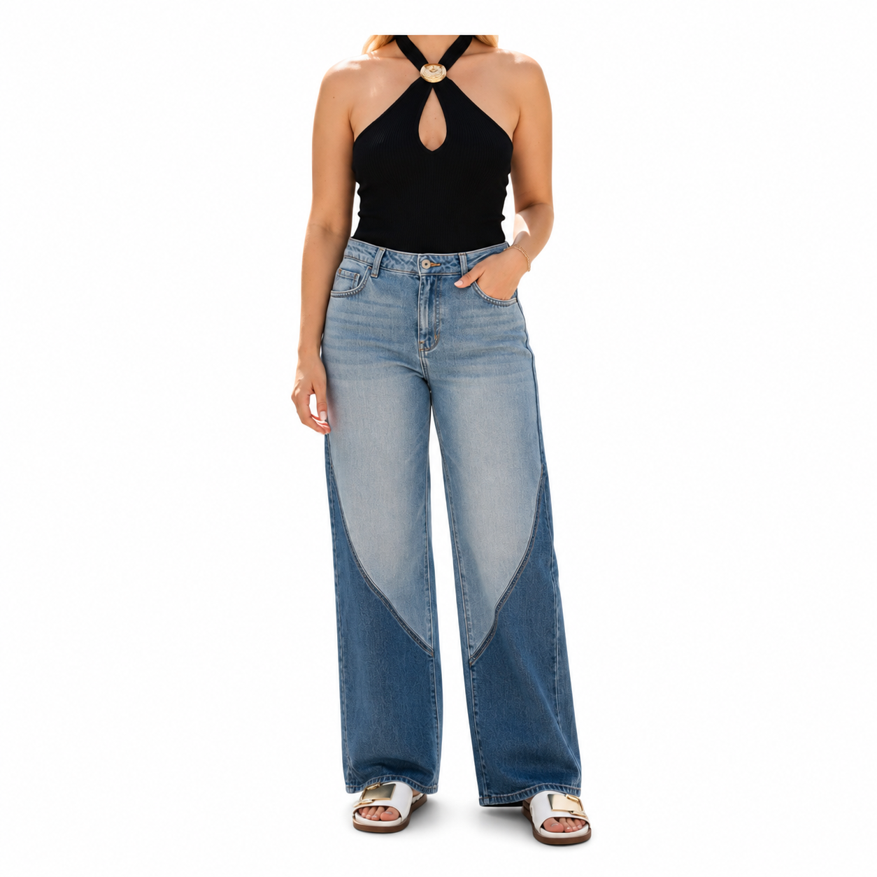 Two-Tone Wide Leg Jean