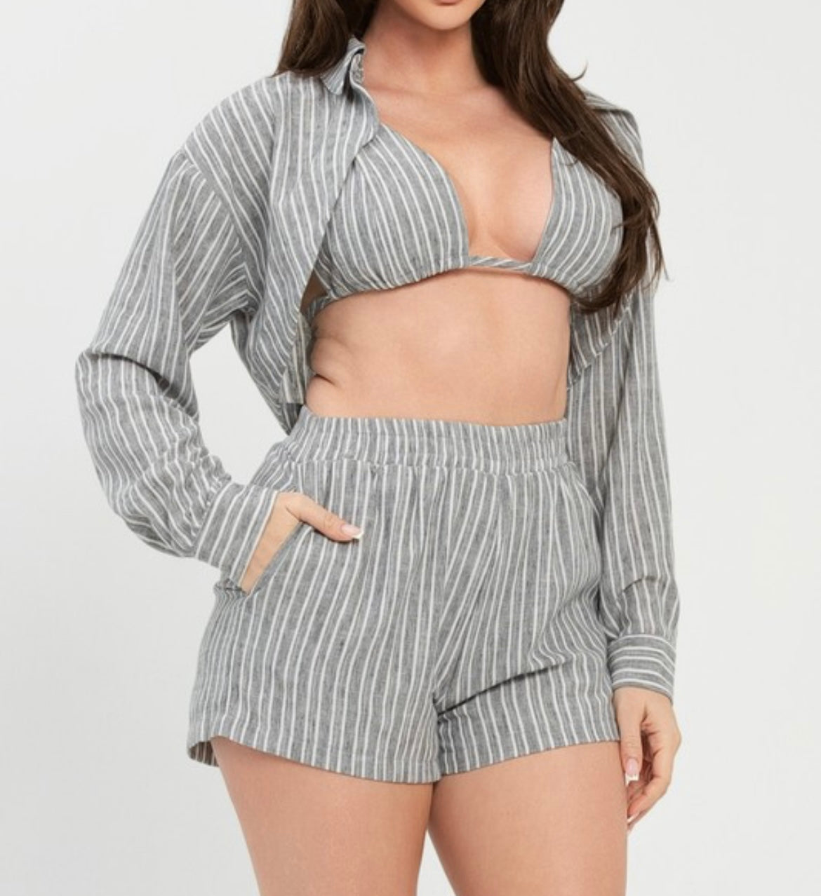 Gray Stripes Shorts Set